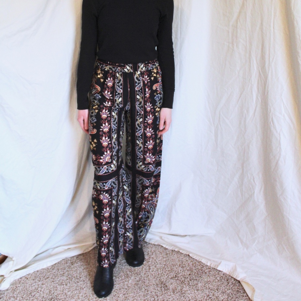 Pink Rose Floral Black Palazzo Pants